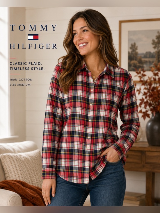 Tommy Hilfiger Tops - Tommy Hilfiger Women’s Medium Plaid Button Down Shirt 100% Cotton Roll Tab